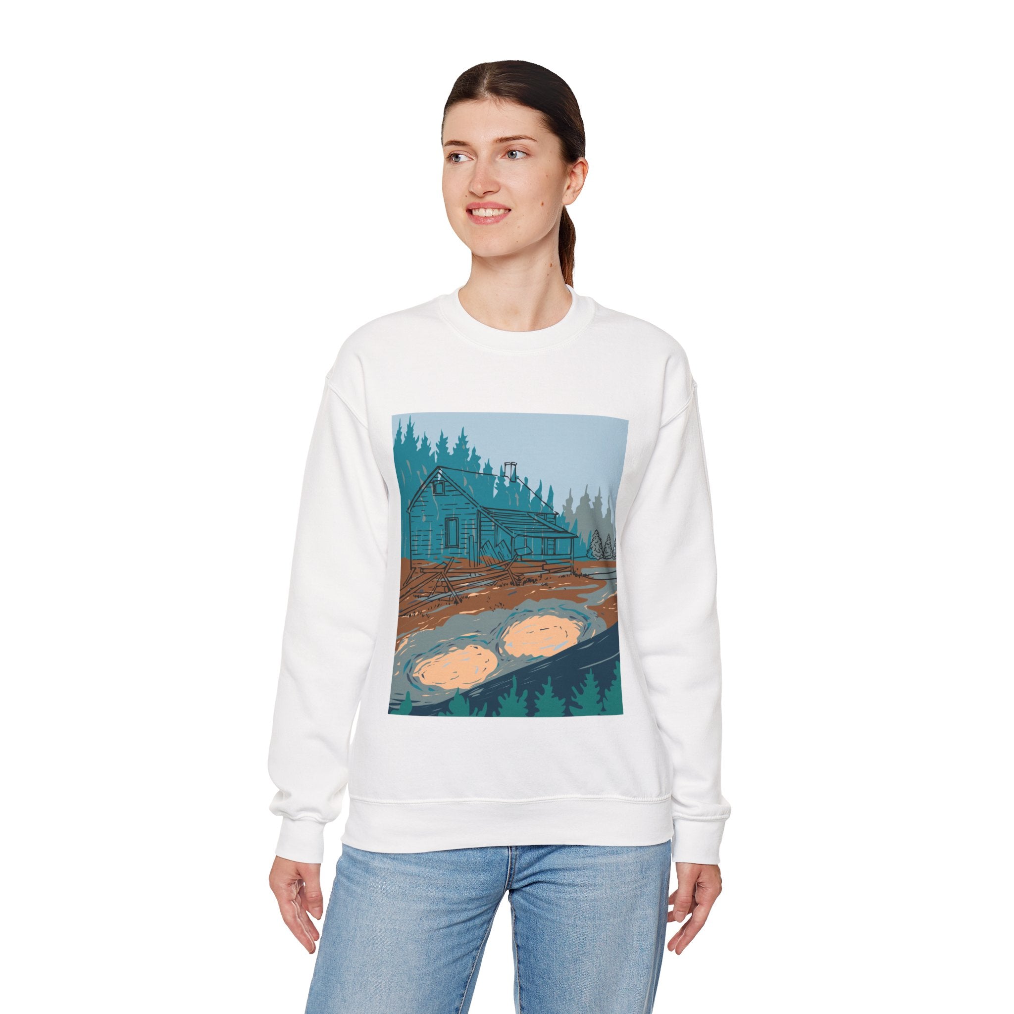 Mystery Cabin in the Woods Sweatshirt - Cozy Autumn Aesthetic