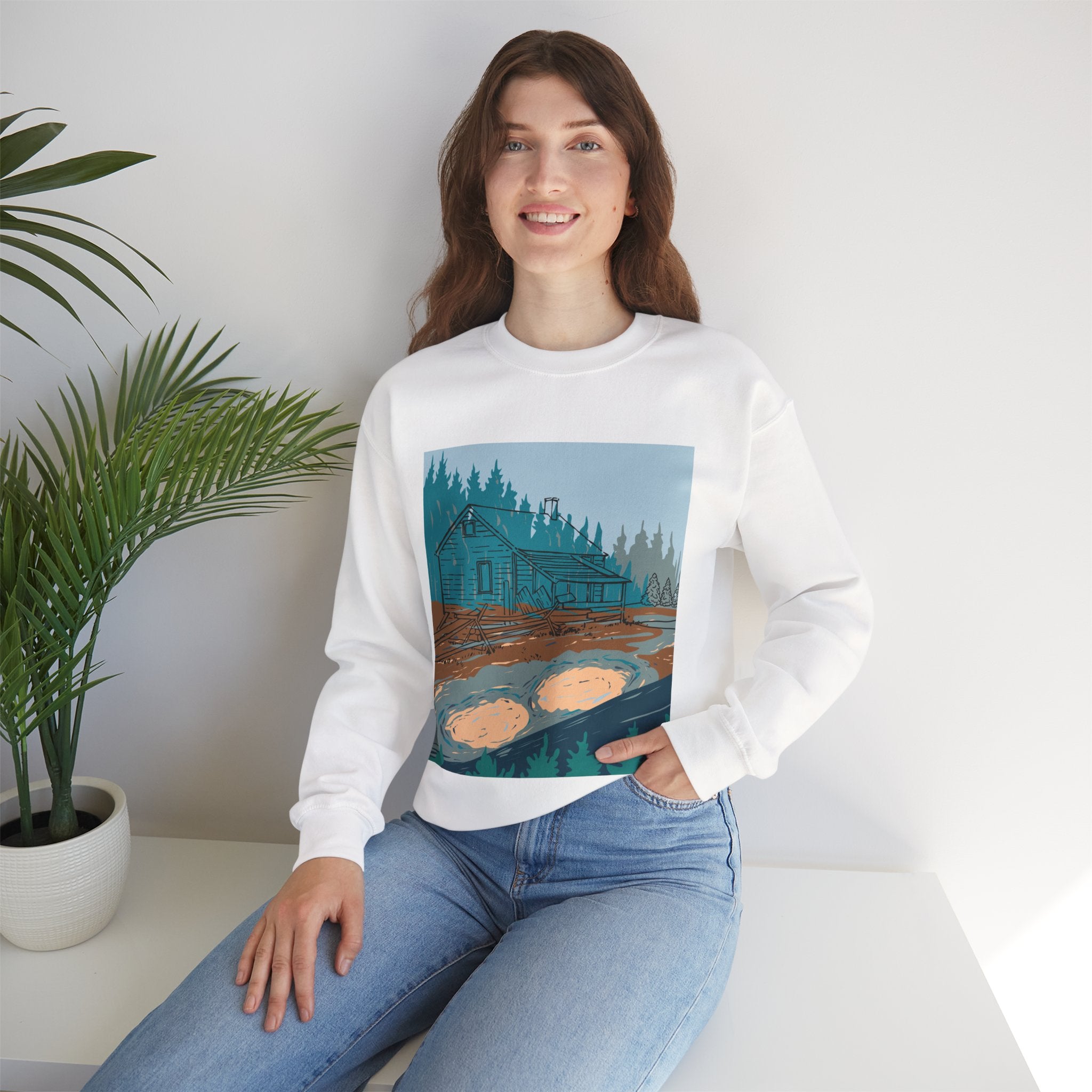Mystery Cabin in the Woods Sweatshirt - Cozy Autumn Aesthetic