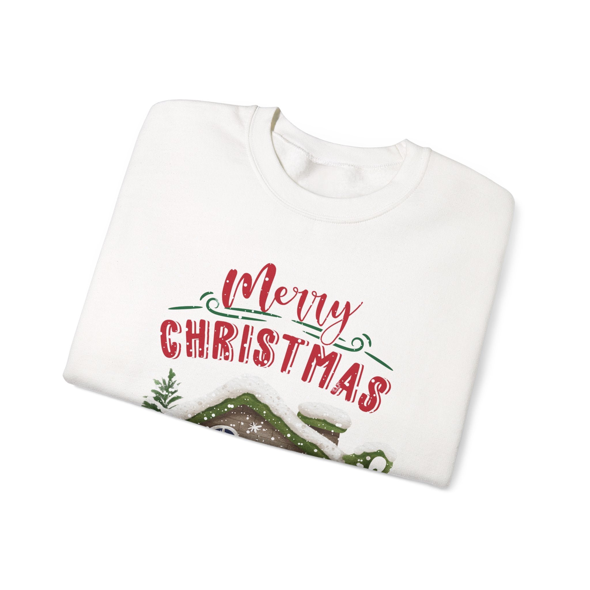 “Merry Christmas Cottage” Sweatshirt – Cozy Holiday Cabin & Snowman Sweater 2025