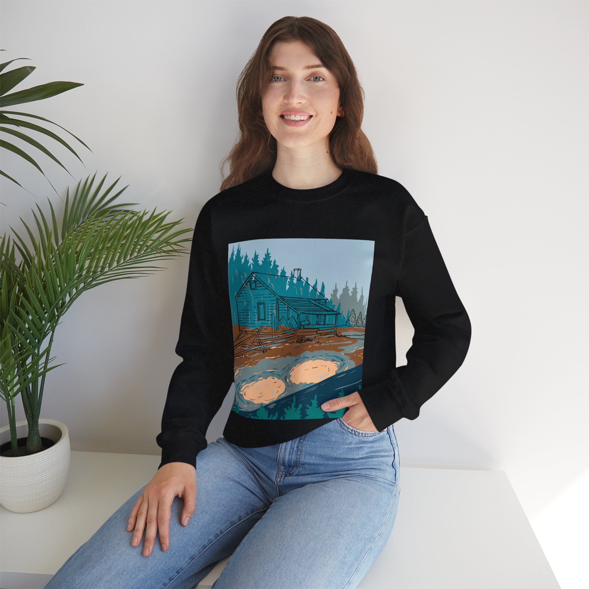 Mystery Cabin in the Woods Sweatshirt - Cozy Autumn Aesthetic