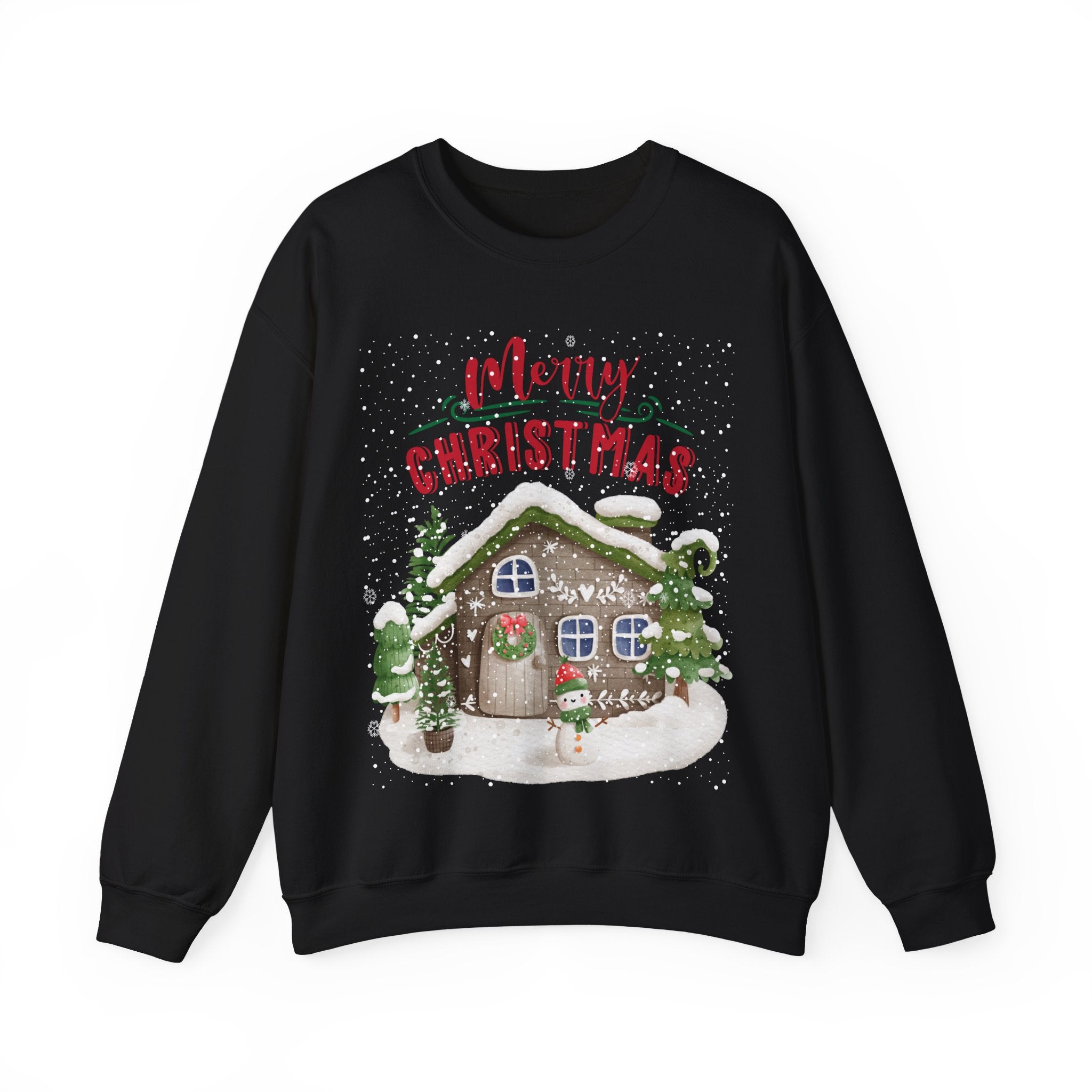 “Merry Christmas Cottage” Sweatshirt – Cozy Holiday Cabin & Snowman Sweater 2025
