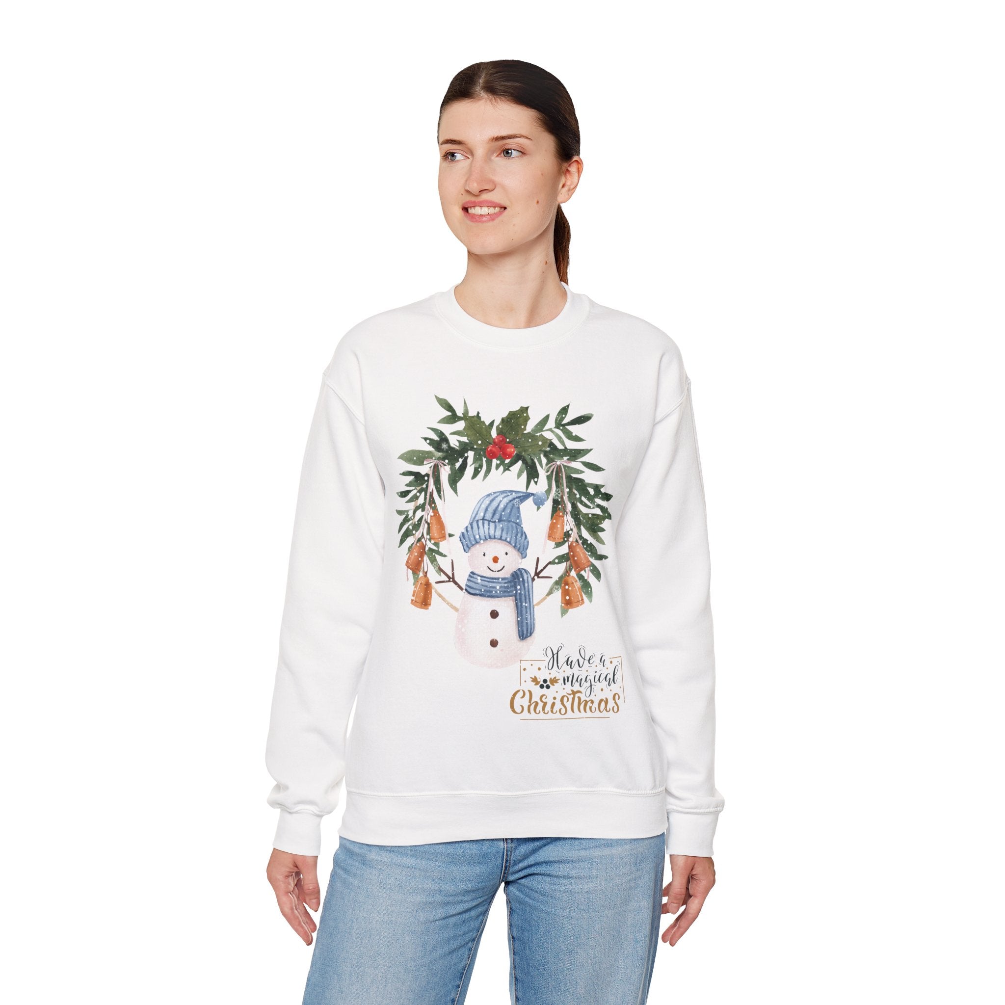 “Merry Christmas” Snowman Sweatshirt – Festive Winter Bells Holiday Sweater 2025