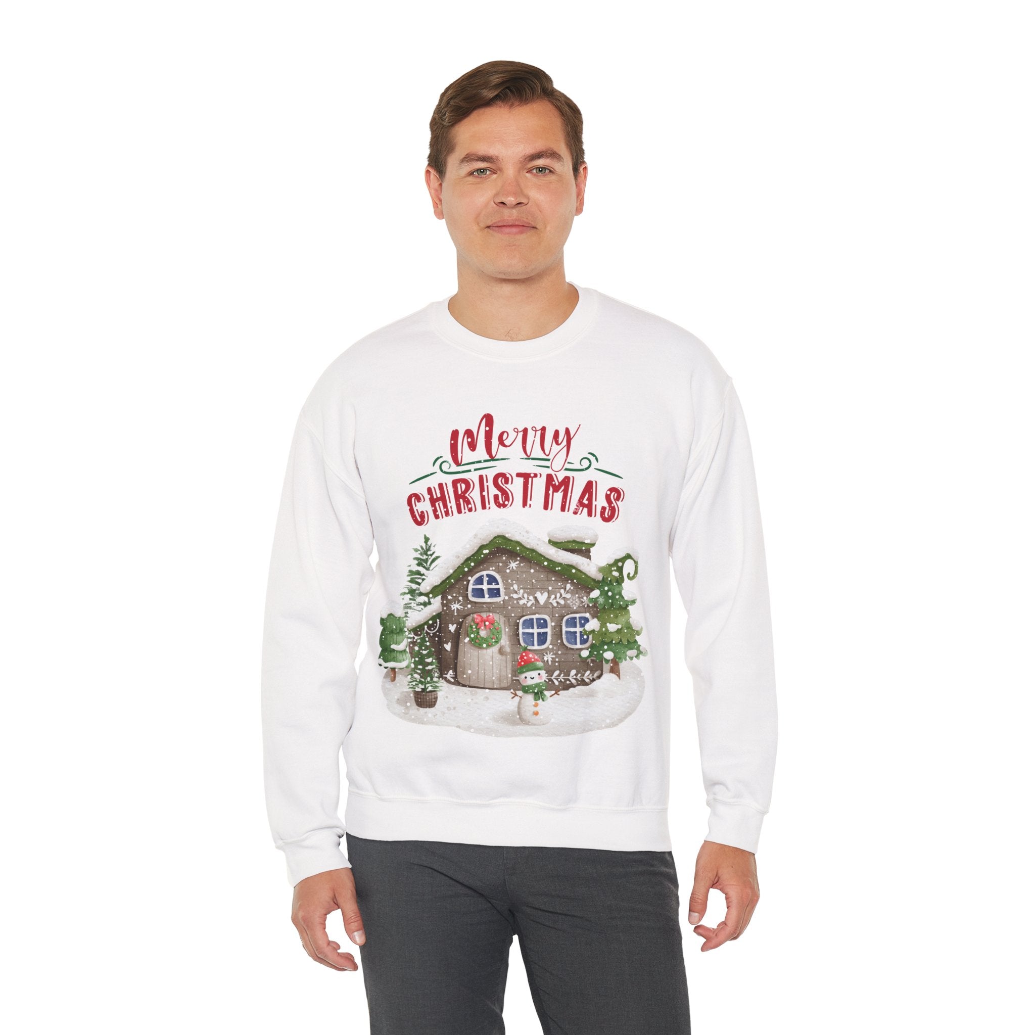 “Merry Christmas Cottage” Sweatshirt – Cozy Holiday Cabin & Snowman Sweater 2025