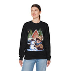 Winter Snowman Building Sweatshirt – Cute Cozy Christmas Cabin Scene