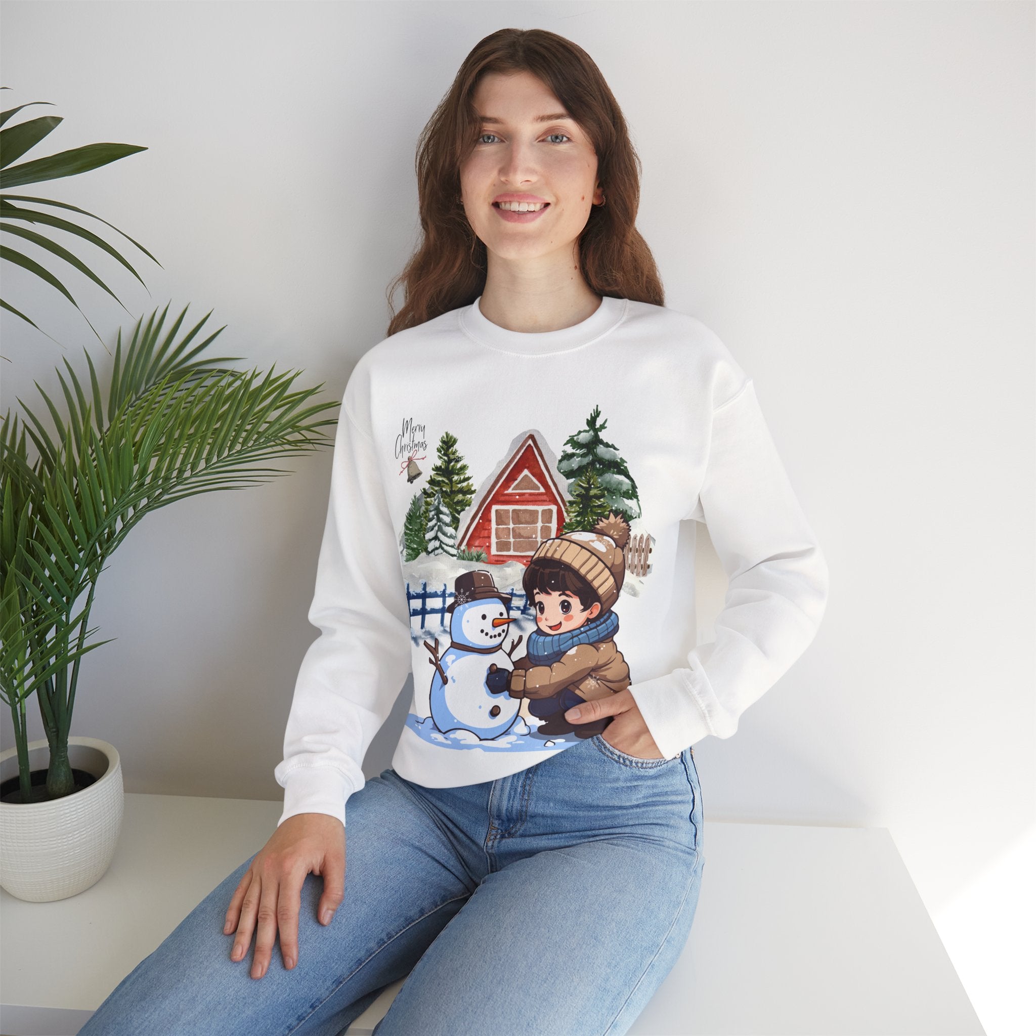Winter Snowman Building Sweatshirt – Cute Cozy Christmas Cabin Scene