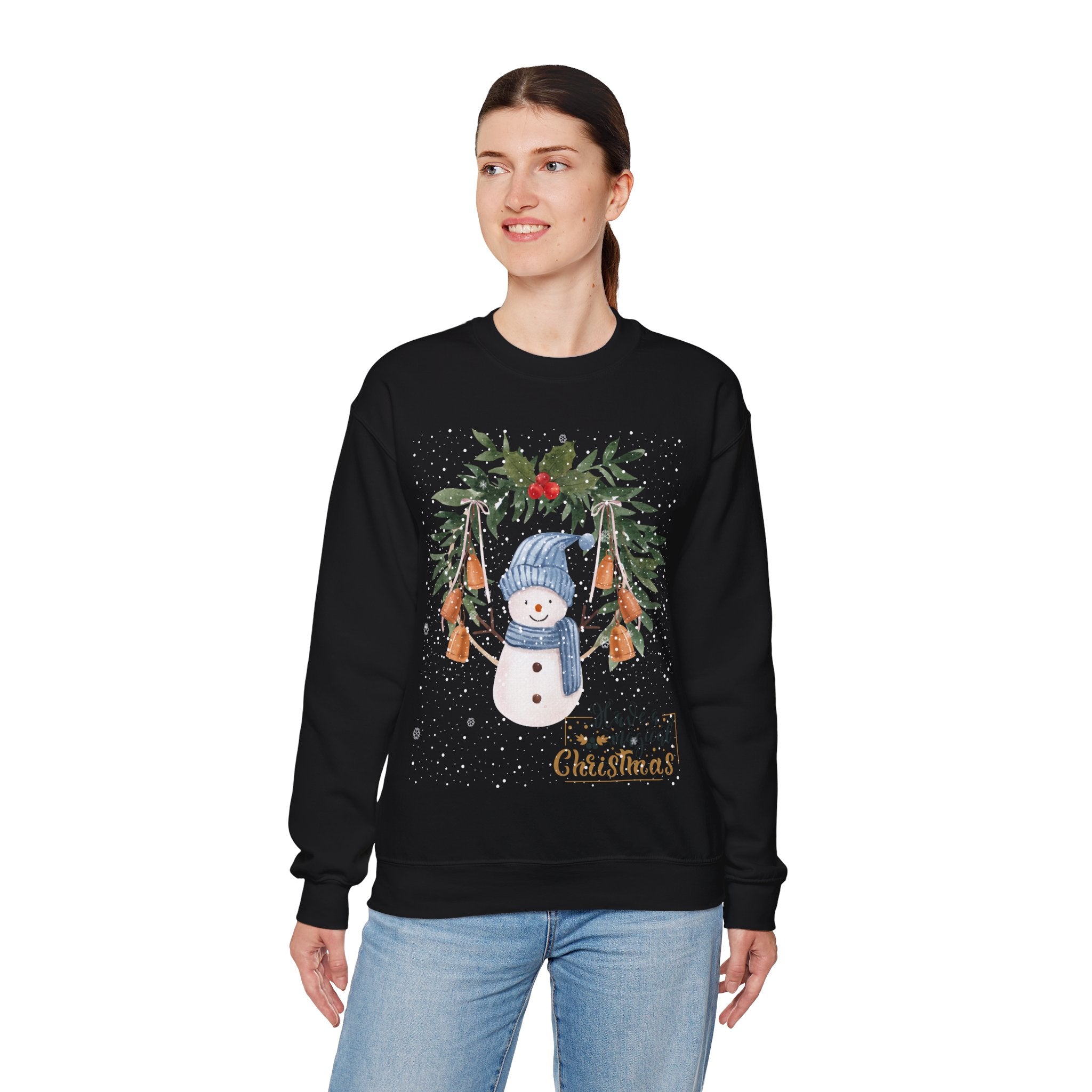 “Merry Christmas” Snowman Sweatshirt – Festive Winter Bells Holiday Sweater 2025