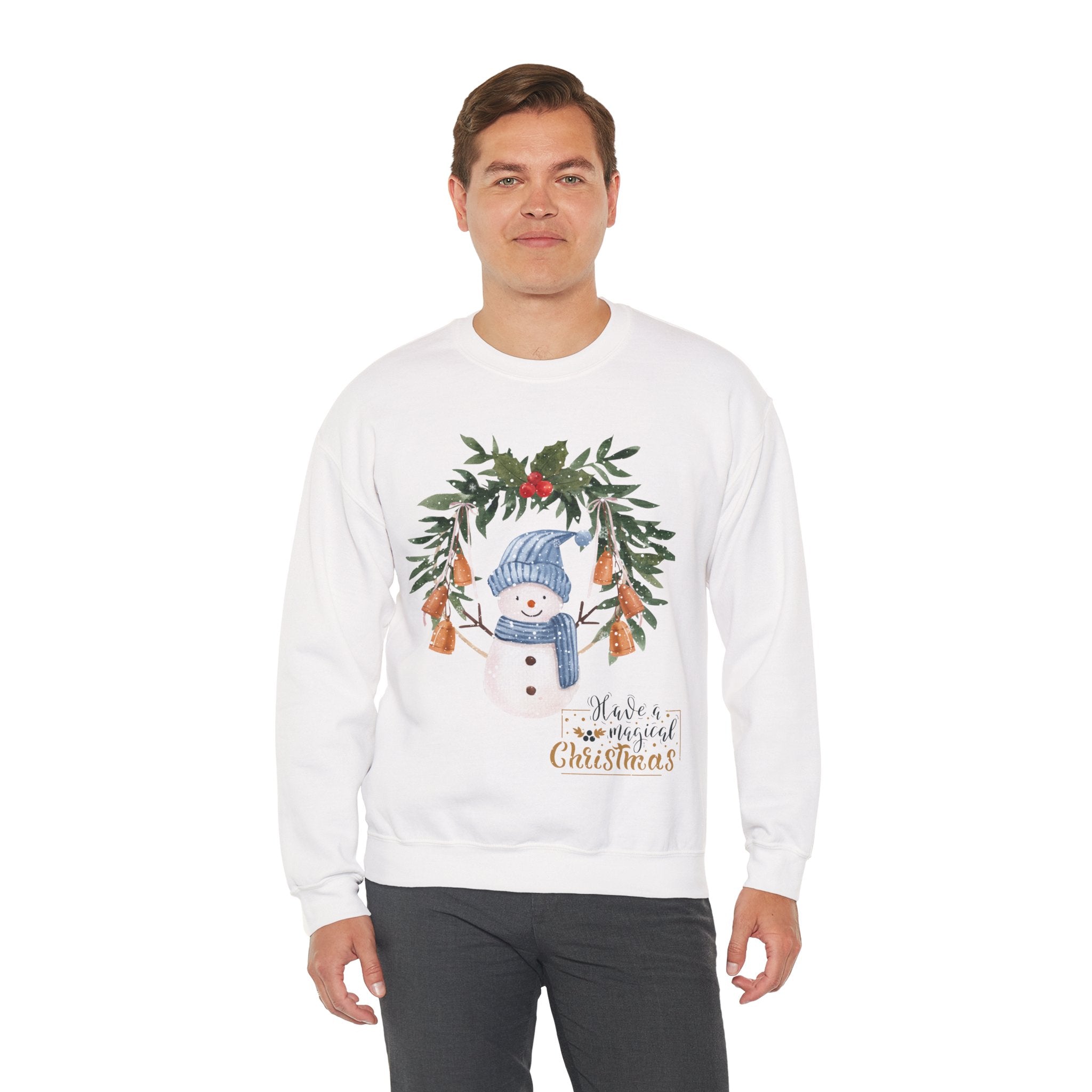 “Merry Christmas” Snowman Sweatshirt – Festive Winter Bells Holiday Sweater 2025