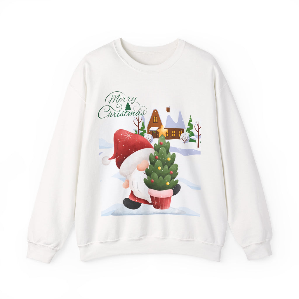 Merry Christmas Gnome Sweatshirt – Cute Gnome Carrying Christmas Tree in Snow Scene