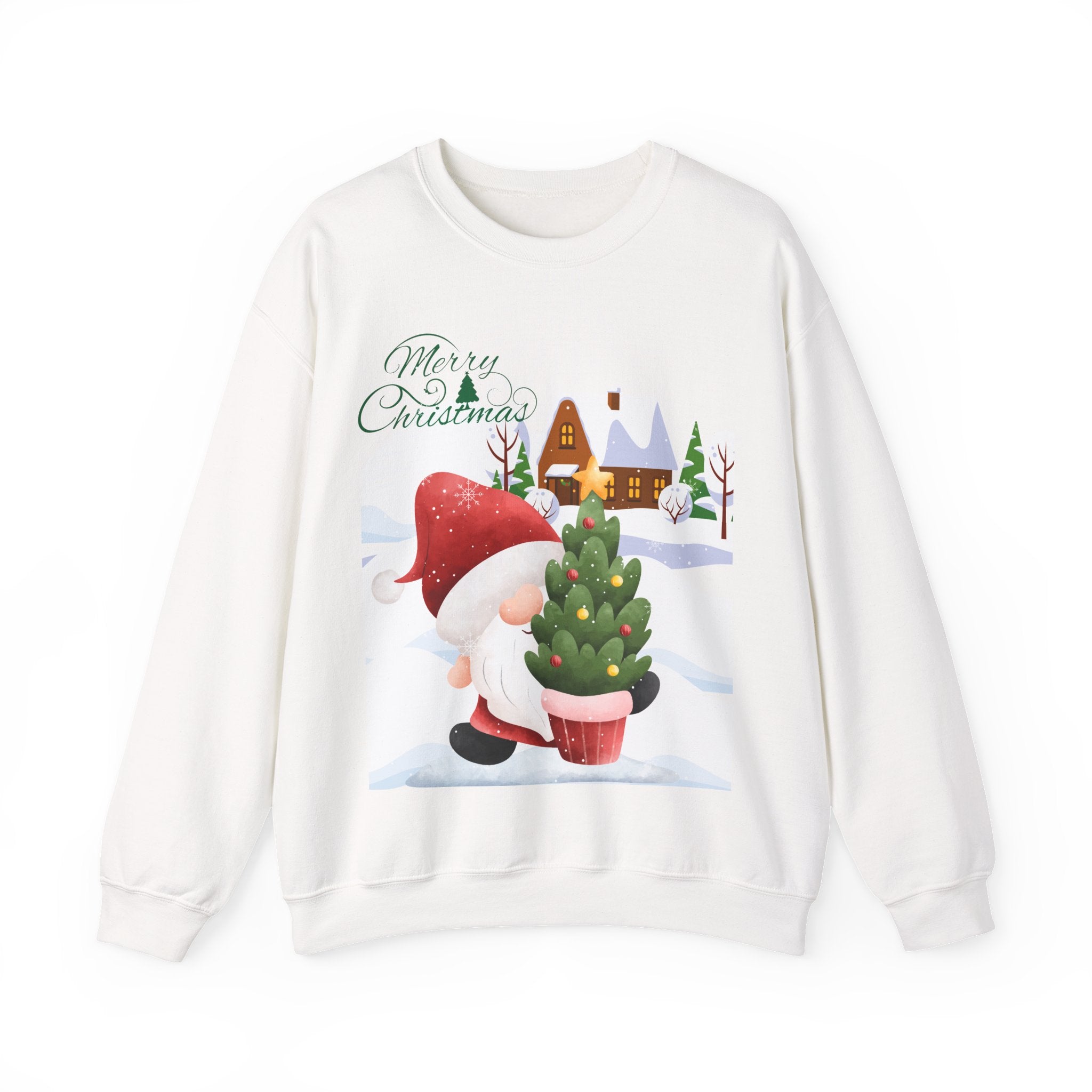 Merry Christmas Gnome Sweatshirt – Cute Gnome Carrying Christmas Tree in Snow Scene