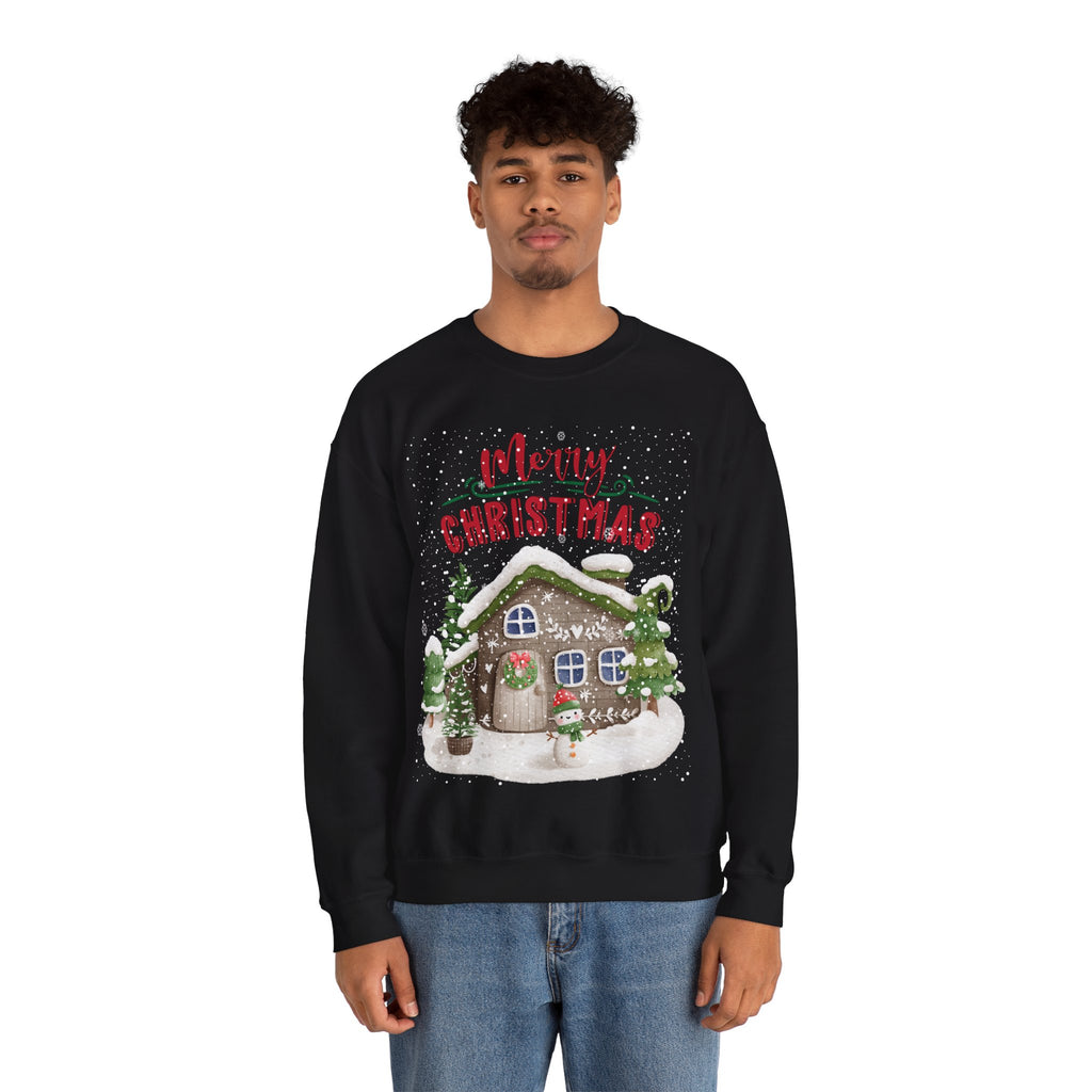 “Merry Christmas Cottage” Sweatshirt – Cozy Holiday Cabin & Snowman Sweater 2025