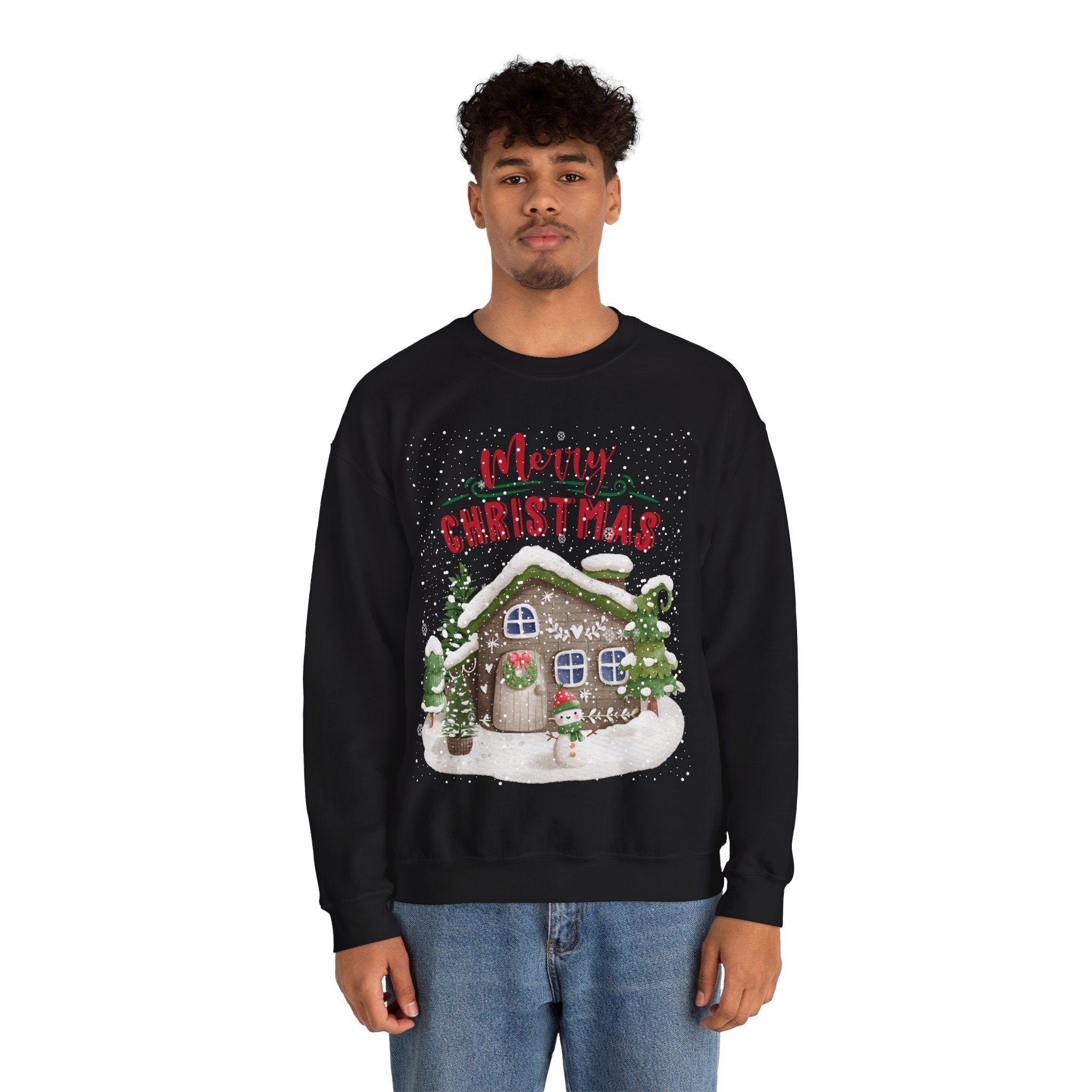 “Merry Christmas Cottage” Sweatshirt – Cozy Holiday Cabin & Snowman Sweater 2025