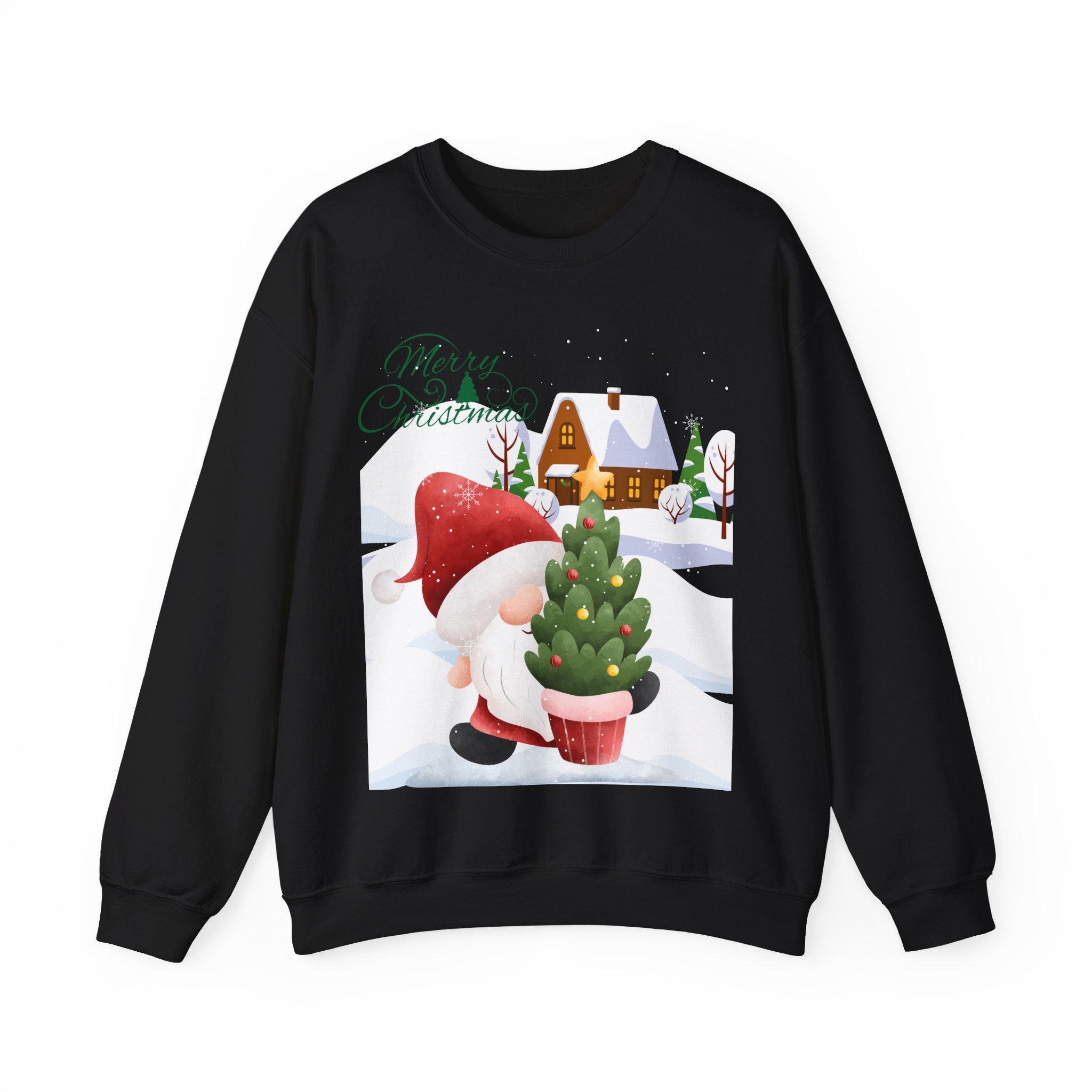 Merry Christmas Gnome Sweatshirt – Cute Gnome Carrying Christmas Tree in Snow Scene