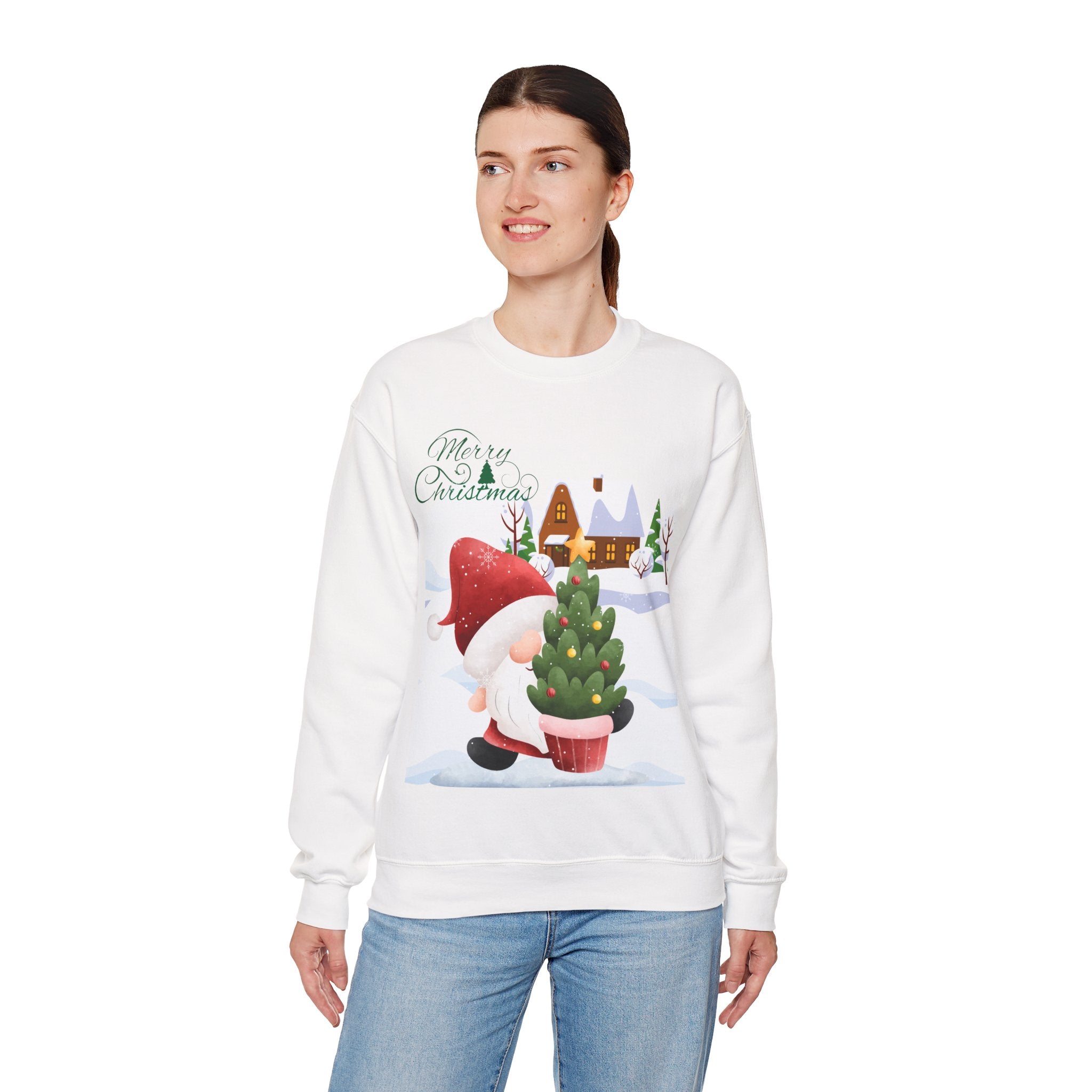 Merry Christmas Gnome Sweatshirt – Cute Gnome Carrying Christmas Tree in Snow Scene