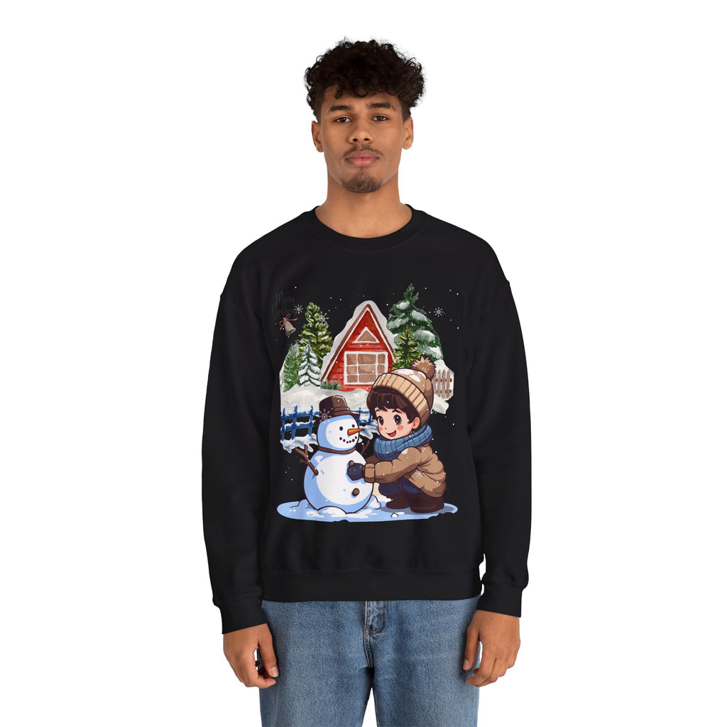 Winter Snowman Building Sweatshirt – Cute Cozy Christmas Cabin Scene