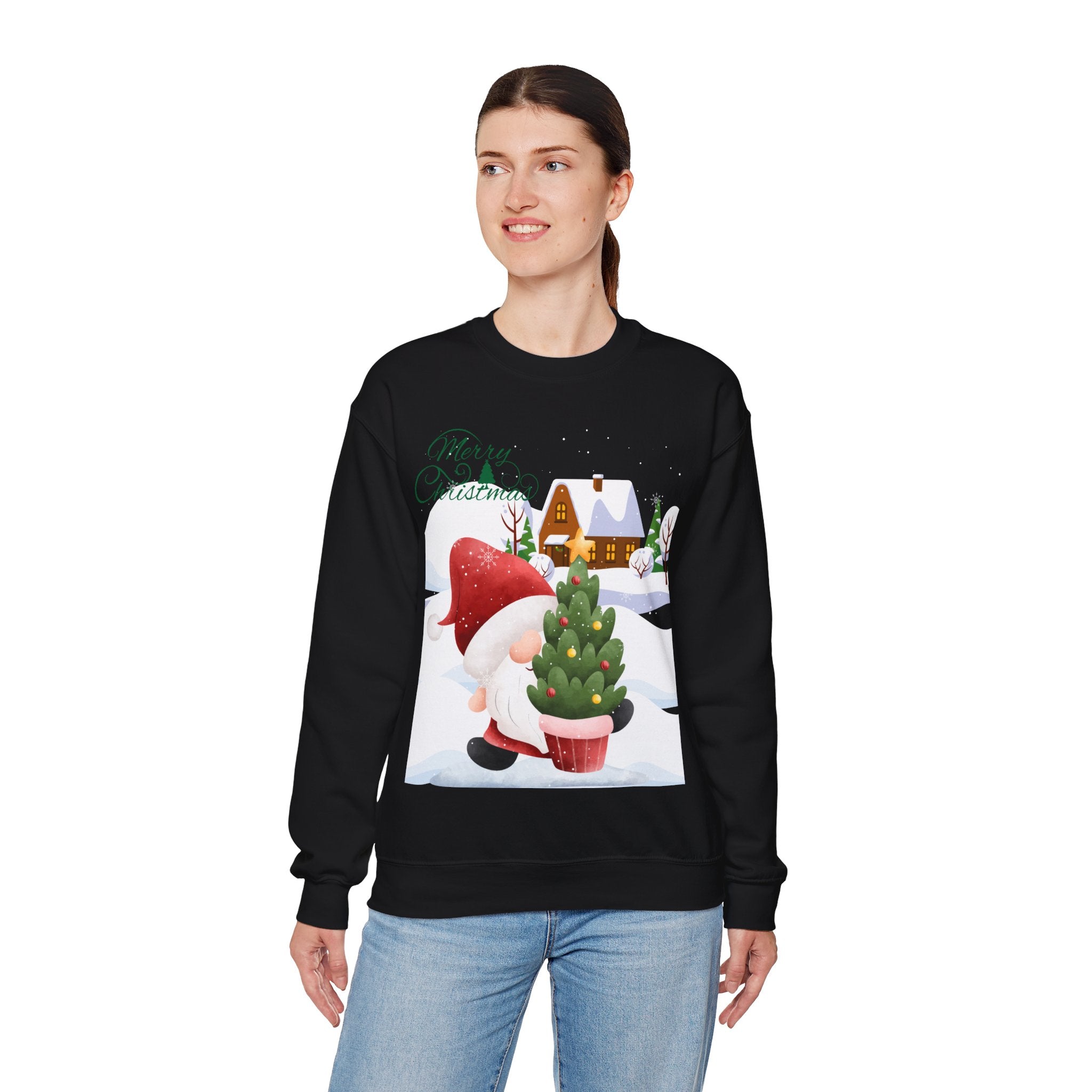 Merry Christmas Gnome Sweatshirt – Cute Gnome Carrying Christmas Tree in Snow Scene