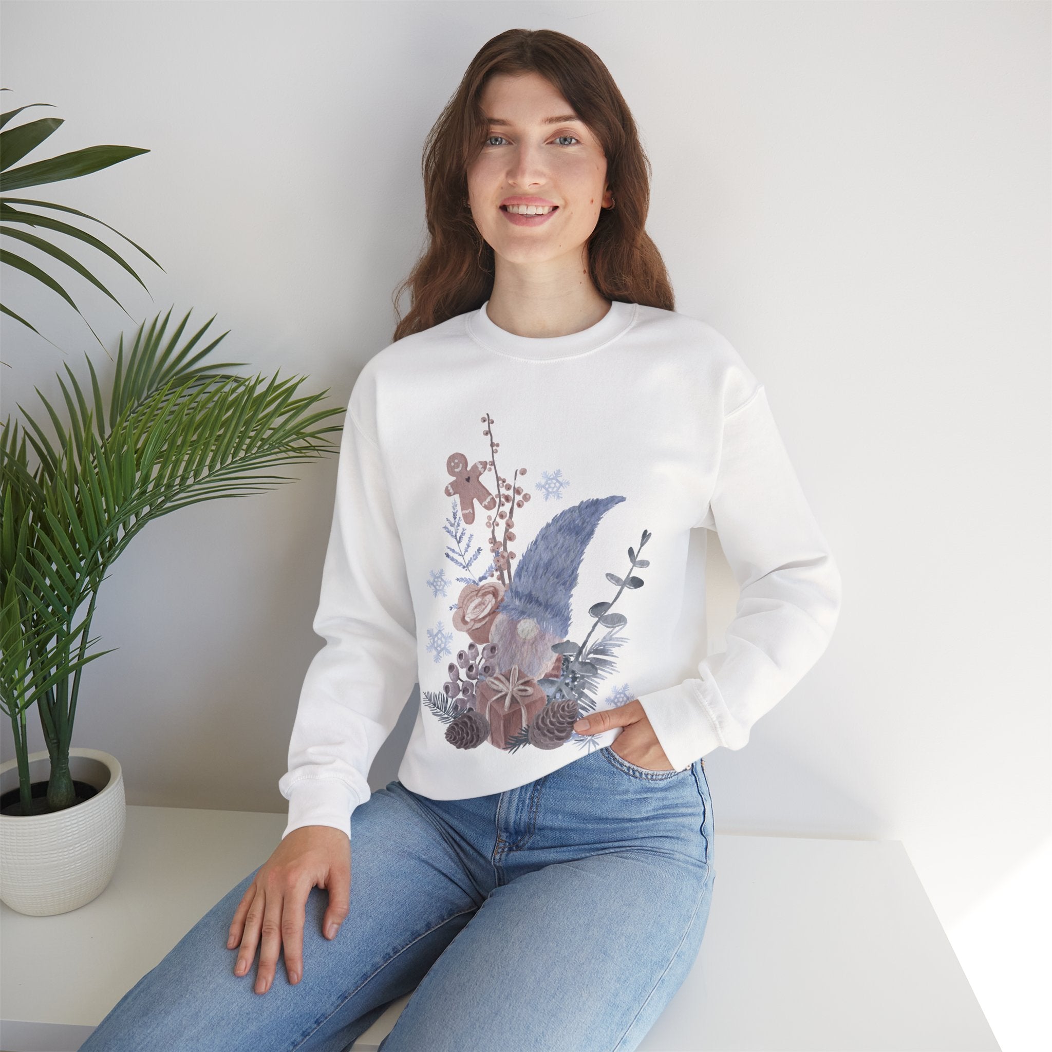 Cozy Winter Gnome Sweatshirt – Neutral Floral Holiday Crewneck