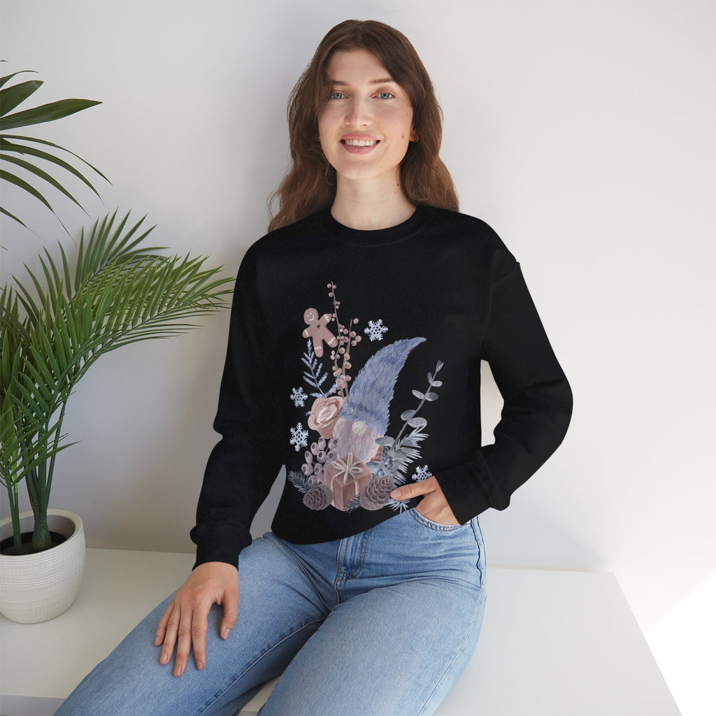 Cozy Winter Gnome Sweatshirt – Neutral Floral Holiday Crewneck