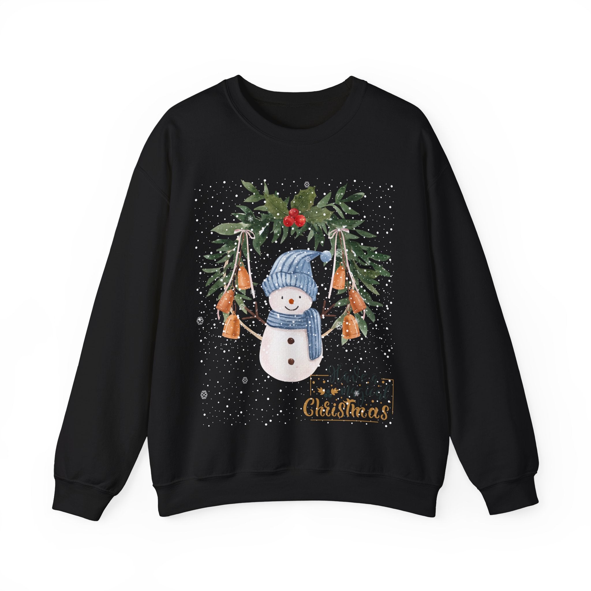 “Merry Christmas” Snowman Sweatshirt – Festive Winter Bells Holiday Sweater 2025