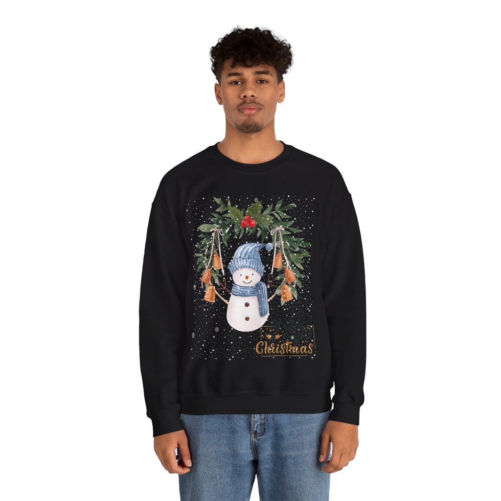 “Merry Christmas” Snowman Sweatshirt – Festive Winter Bells Holiday Sweater 2025