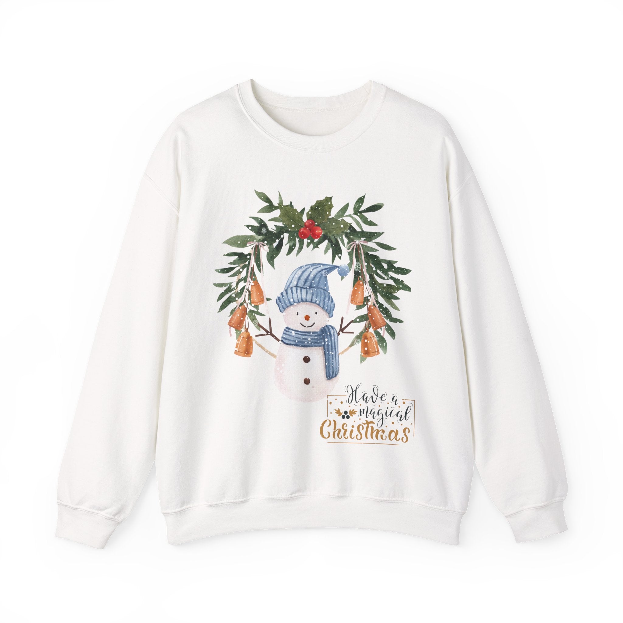 “Merry Christmas” Snowman Sweatshirt – Festive Winter Bells Holiday Sweater 2025