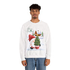 Merry Christmas Gnome Sweatshirt – Cute Gnome Carrying Christmas Tree in Snow Scene