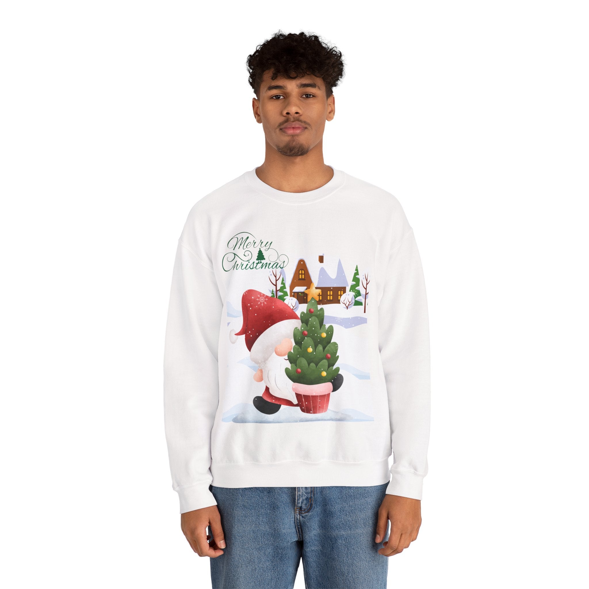 Merry Christmas Gnome Sweatshirt – Cute Gnome Carrying Christmas Tree in Snow Scene