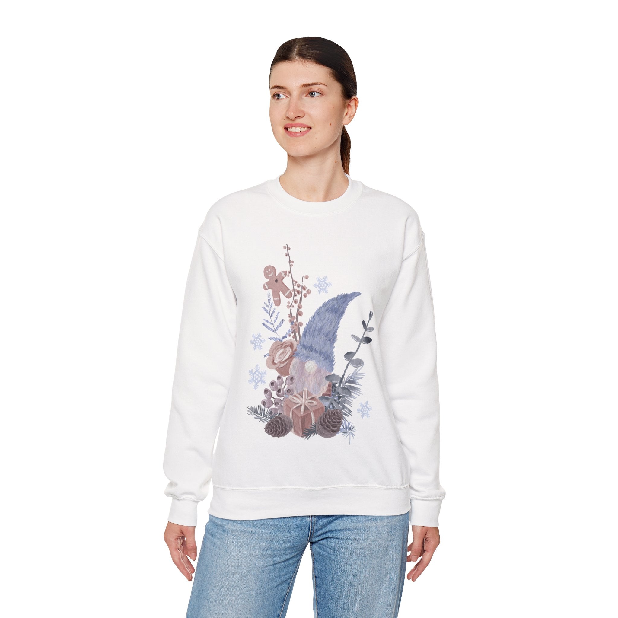 Cozy Winter Gnome Sweatshirt – Neutral Floral Holiday Crewneck