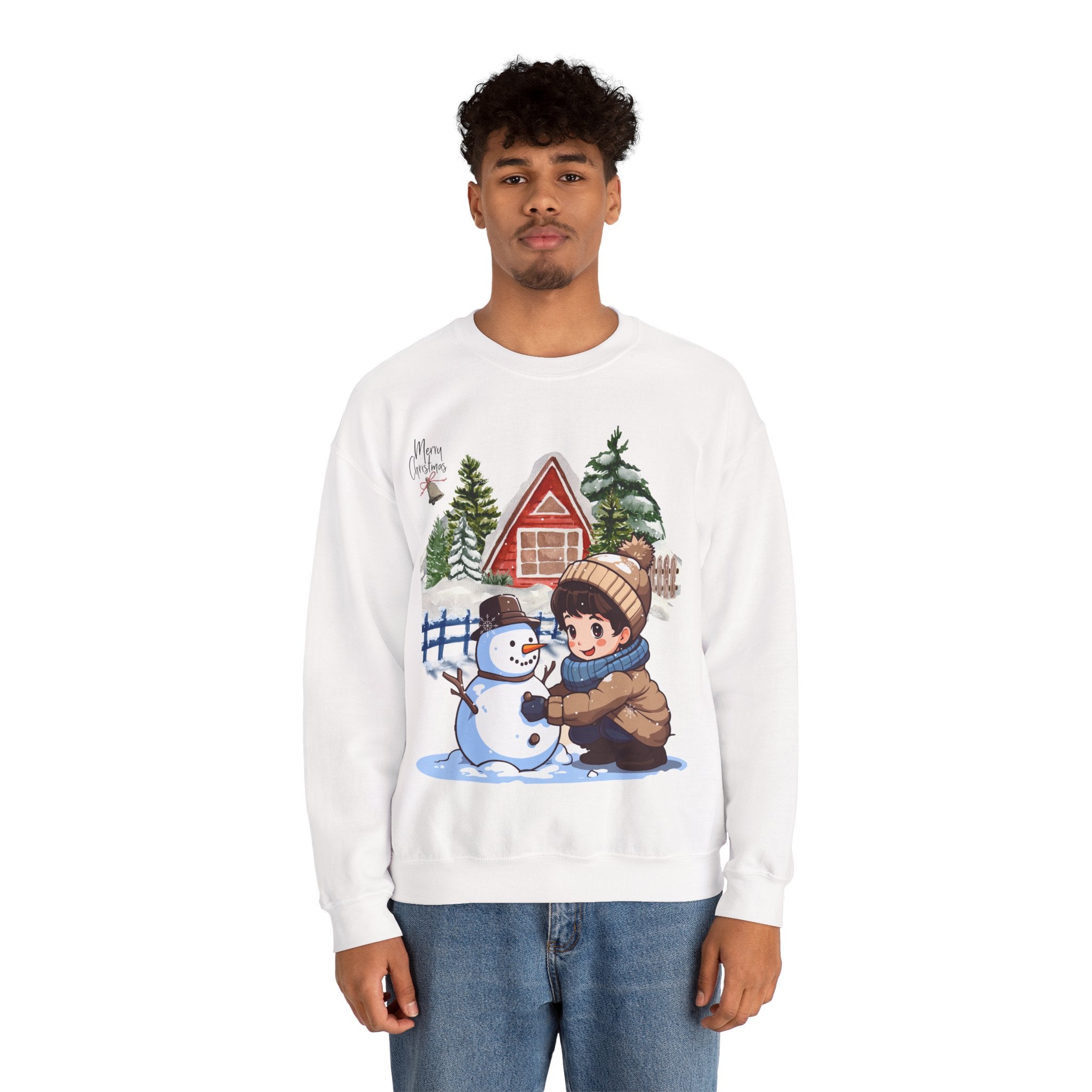 Winter Snowman Building Sweatshirt – Cute Cozy Christmas Cabin Scene