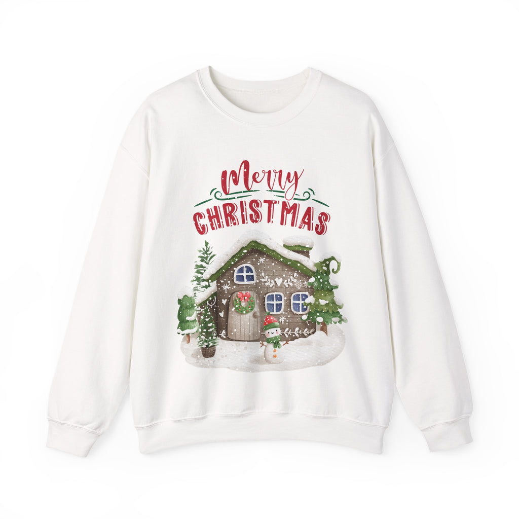 “Merry Christmas Cottage” Sweatshirt – Cozy Holiday Cabin & Snowman Sweater 2025