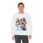 Winter Snowman Building Sweatshirt – Cute Cozy Christmas Cabin Scene