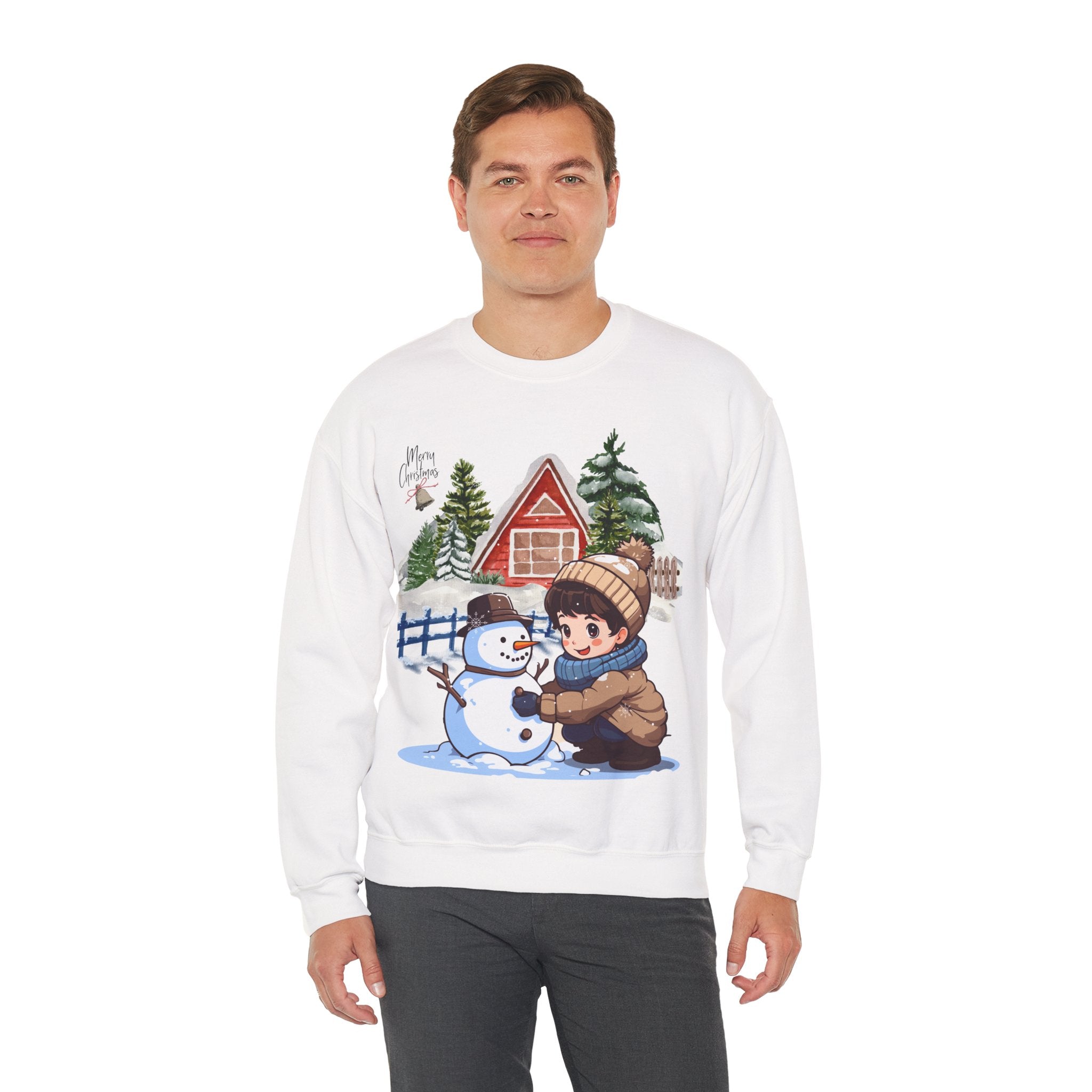 Winter Snowman Building Sweatshirt – Cute Cozy Christmas Cabin Scene