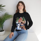 Winter Snowman Building Sweatshirt – Cute Cozy Christmas Cabin Scene