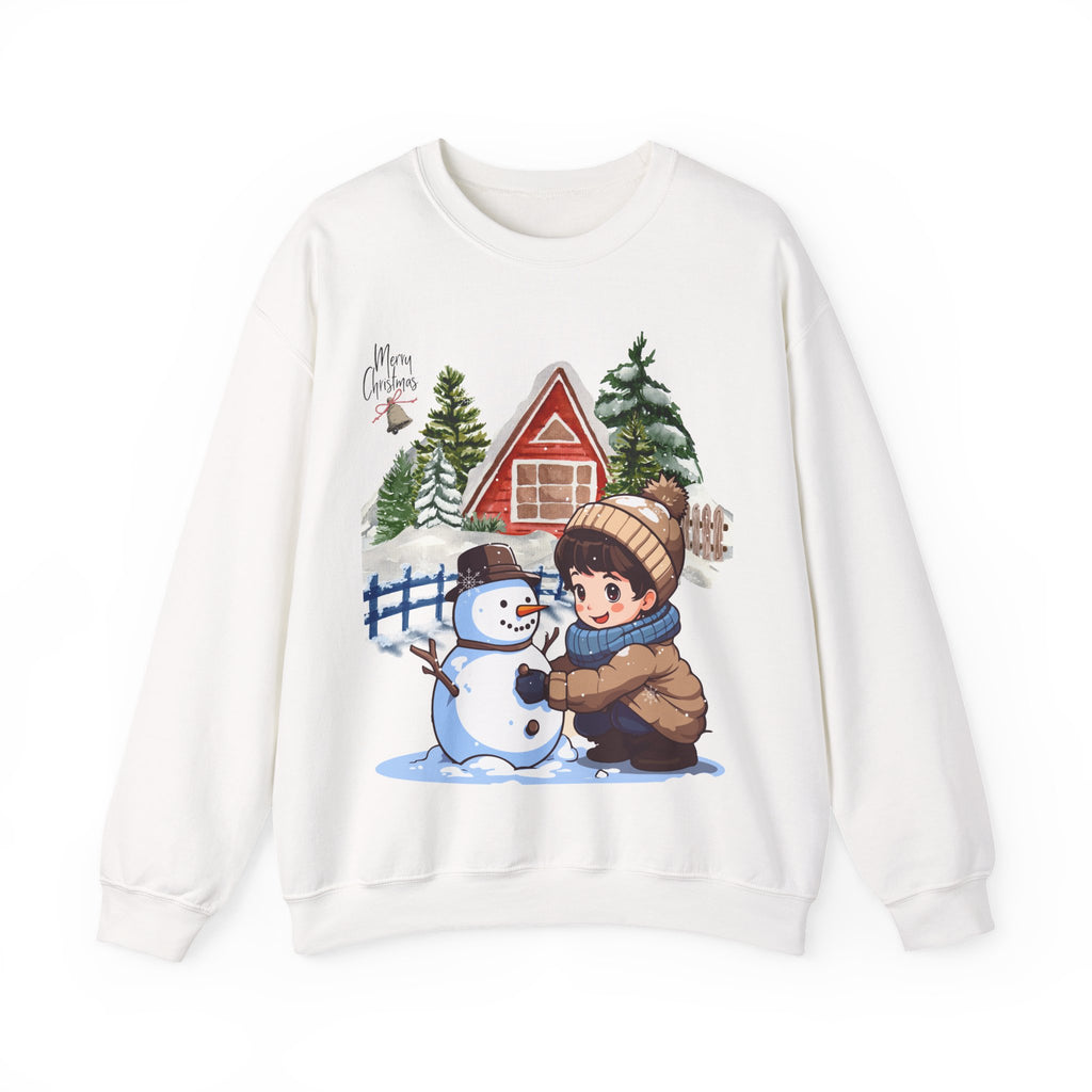Winter Snowman Building Sweatshirt – Cute Cozy Christmas Cabin Scene