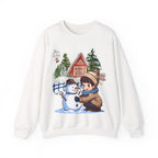 Winter Snowman Building Sweatshirt – Cute Cozy Christmas Cabin Scene