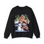 Winter Snowman Building Sweatshirt – Cute Cozy Christmas Cabin Scene