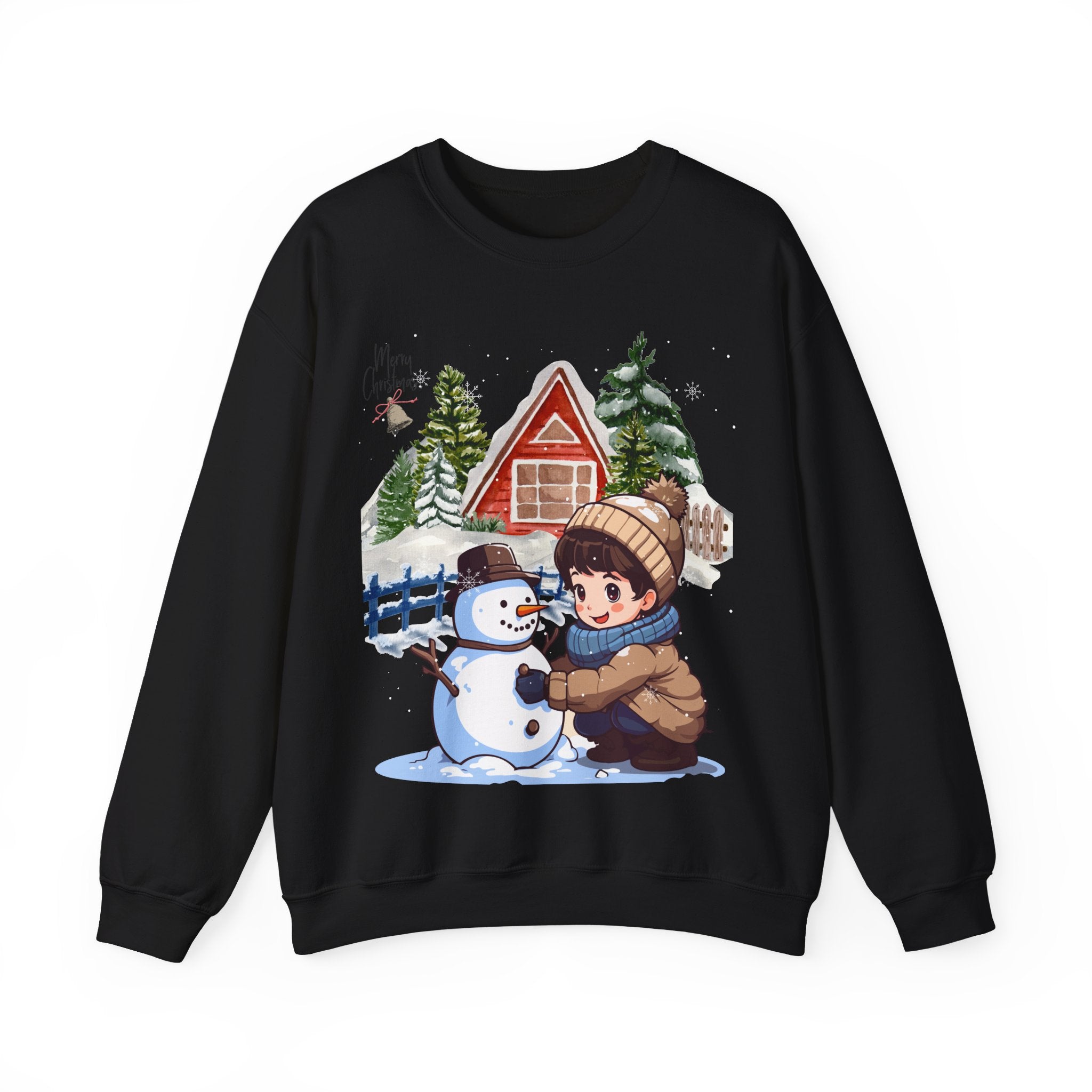 Winter Snowman Building Sweatshirt – Cute Cozy Christmas Cabin Scene