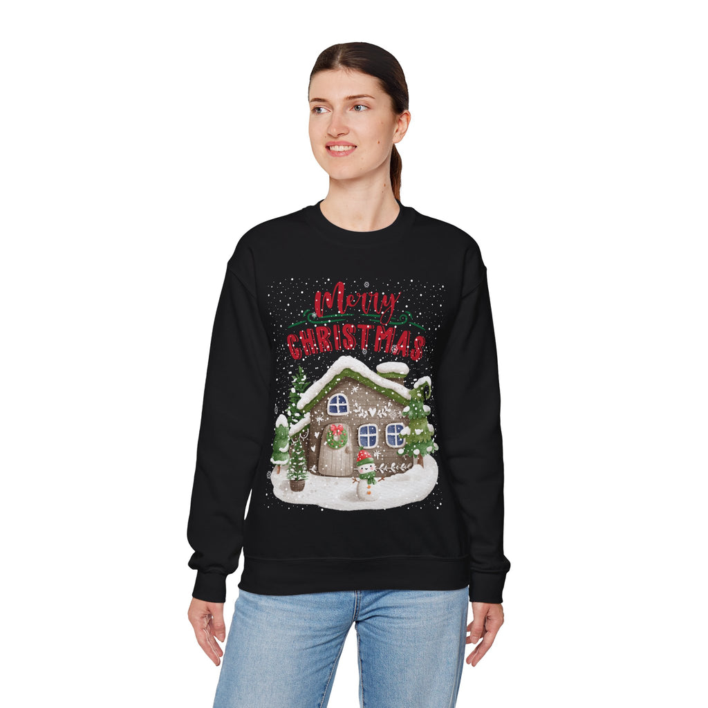 “Merry Christmas Cottage” Sweatshirt – Cozy Holiday Cabin & Snowman Sweater 2025