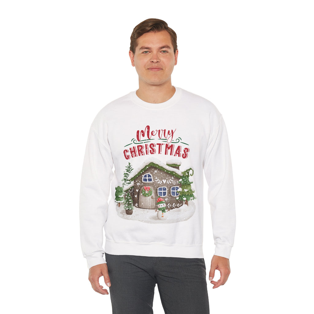 “Merry Christmas Cottage” Sweatshirt – Cozy Holiday Cabin & Snowman Sweater 2025
