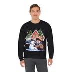Winter Snowman Building Sweatshirt – Cute Cozy Christmas Cabin Scene