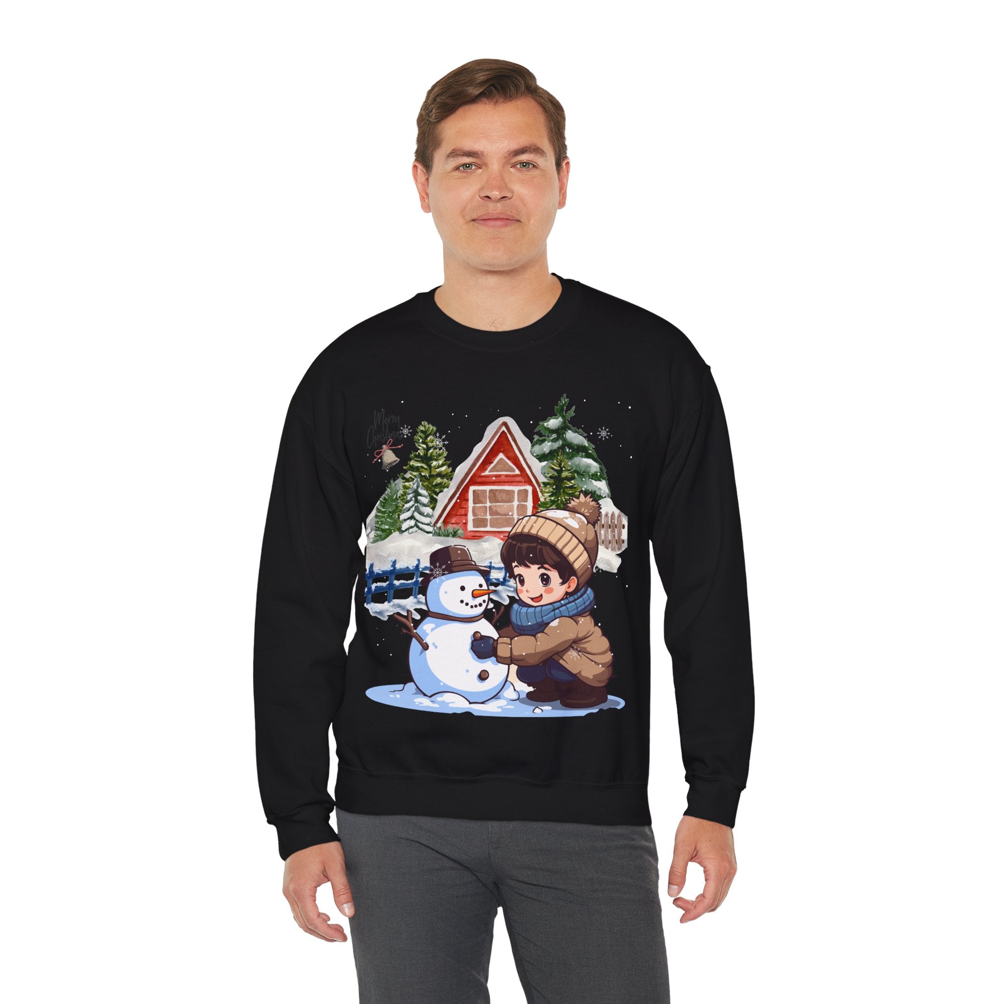 Winter Snowman Building Sweatshirt – Cute Cozy Christmas Cabin Scene