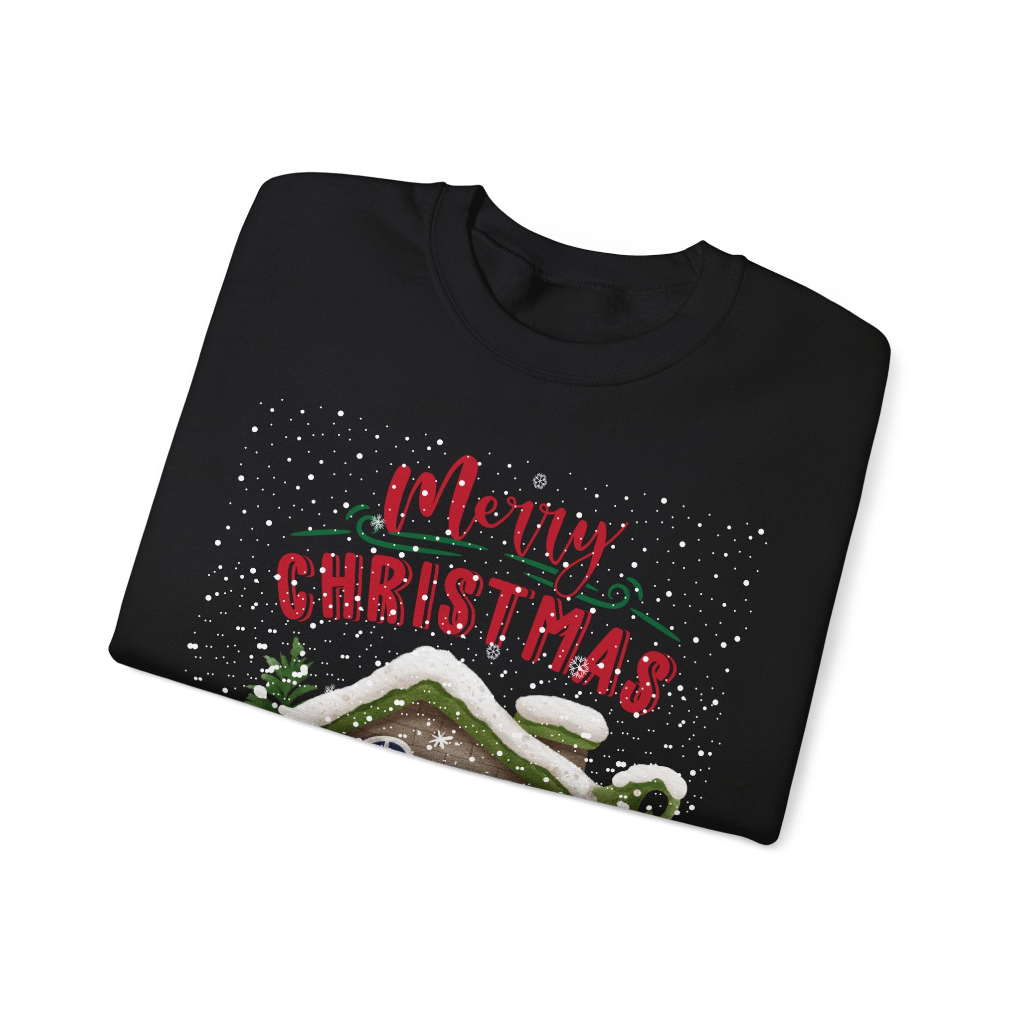 “Merry Christmas Cottage” Sweatshirt – Cozy Holiday Cabin & Snowman Sweater 2025