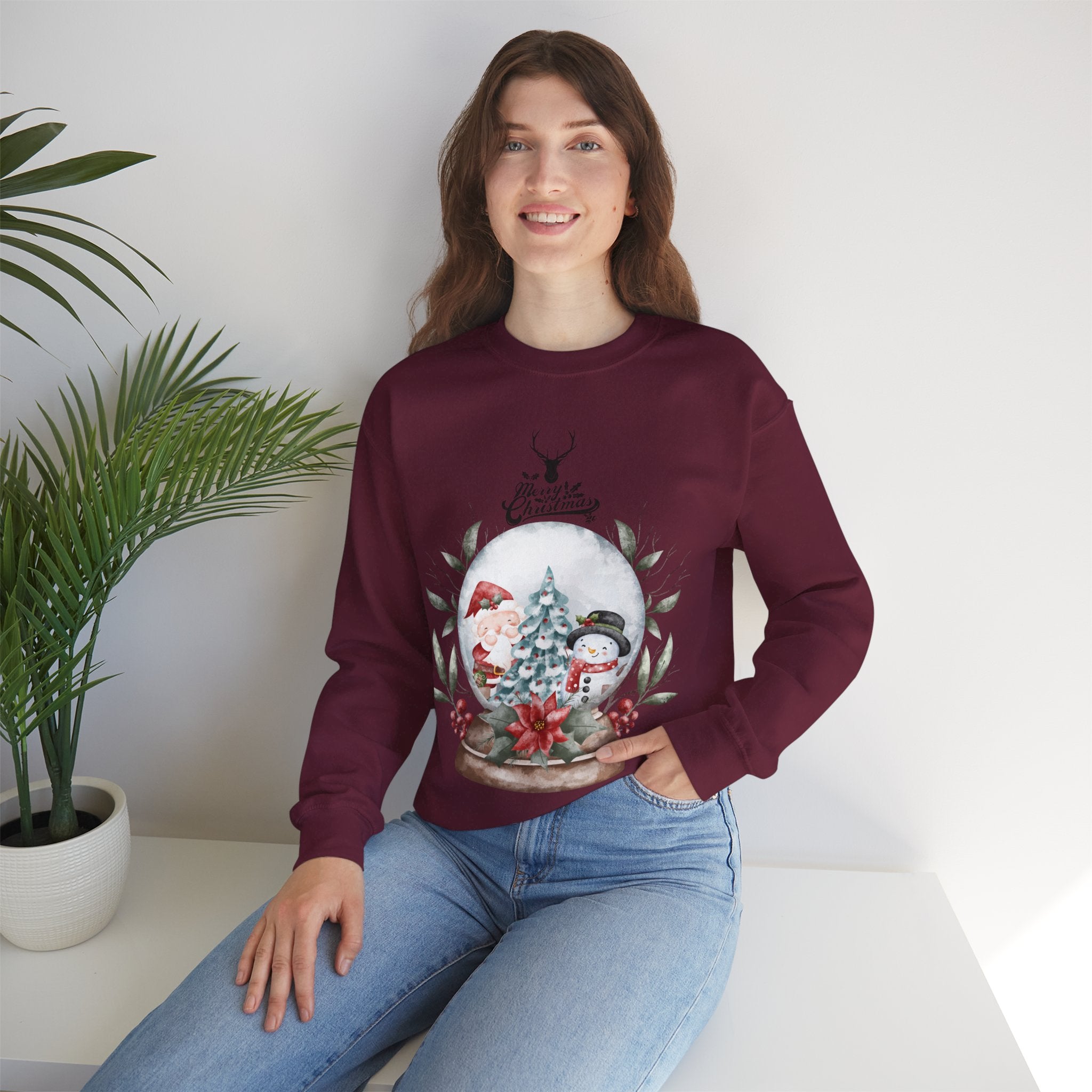Santa & Snowman Snow Globe Christmas Sweatshirt – Cozy Winter Wonderland Pullover