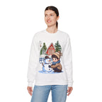 Winter Snowman Building Sweatshirt – Cute Cozy Christmas Cabin Scene