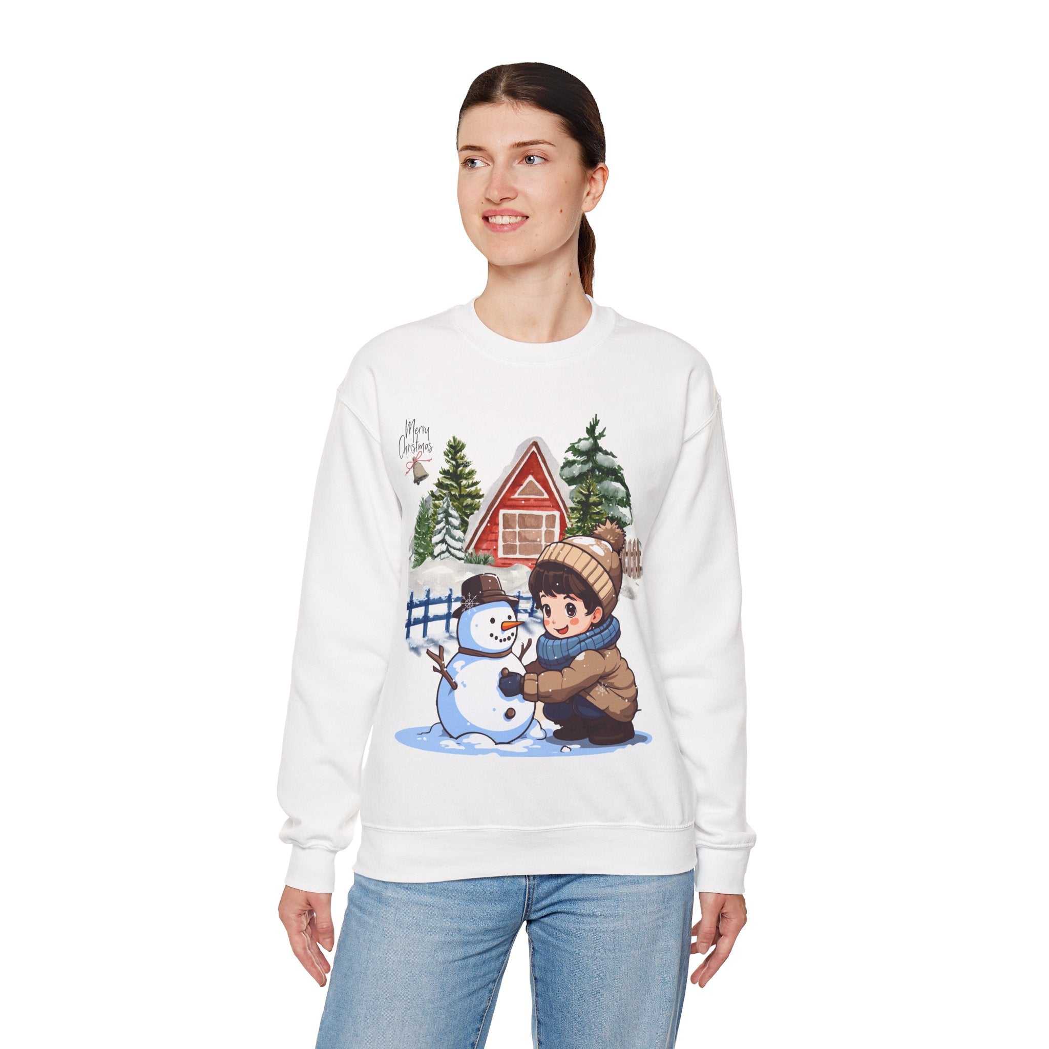 Winter Snowman Building Sweatshirt – Cute Cozy Christmas Cabin Scene
